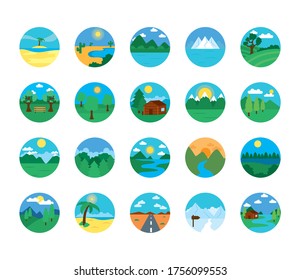 wooden cabins and landscapes icon set over white background, flat style, vector illustration