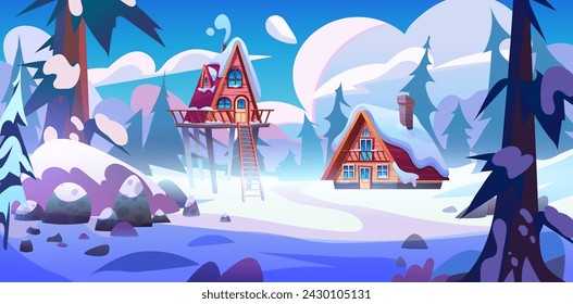 Holzhütten im gefrorenen Wald mit Schnee bedeckt. Cartoon Vektor-Landschaft mit Holz Dreieckshäuser für Winter Wald Camping und Erholung. Gemütliche schneebedeckte Hütte zwischen Tannen.