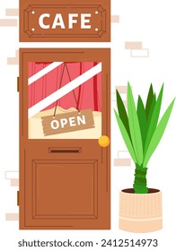 Wooden cafe door with open sign, curtains and decorative plant beside entrance. Welcoming coffee shop open for business vector illustration.