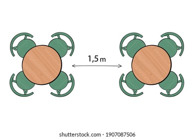 Wooden cafe table and chairs flat vector illustration isolated on white background. 
Safe distance during a pandemic. Furniture for outdoor use in restaurant and cafe.