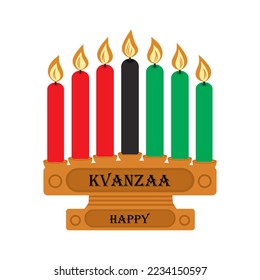 Wooden candlestick with seven candles in the color of the African flag and inscription Happy Kwanzaa