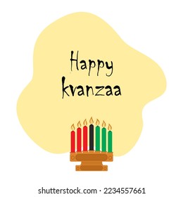 Wooden candlestick with seven candles in the color of the African flag and inscription Happy Kwanzaa