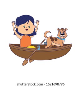 wooden canoe with cartoon happy girl and dog over white background, colorful design, vector illustration