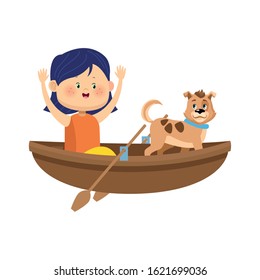 wooden canoe with cartoon happy girl and dog over white background, vector illustration