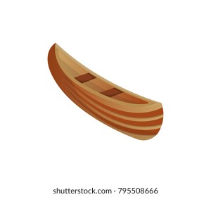 Wooden canoe isolated icon. Rafting, kayaking, paddling and canoeing outdoor activity. Extreme water sport, relaxation on river or lake, adventure by boat vector illustration.