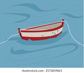 wooden canoe in the water tied to a rope