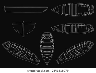 Wooden canoes displayed on a black background, each with unique shapes and detailed designs. The set includes variations from stern to bow, showcasing light to dark color tones.