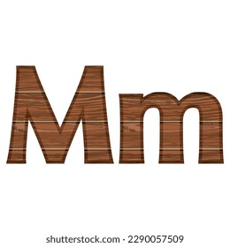 Wooden Capital And Small Letter M Vector Illustration. Alphabet Letter With Wooden Texture Isolated On A White Background

