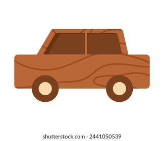 Wooden car toy. Traditional retro kids games, childhood entertainment cartoon vector illustration