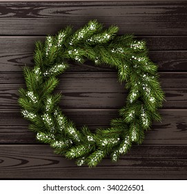 Wooden card with Christmas wreath. Vector paper illustration.