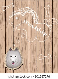 Wooden card with dreaming dog. Vector eps10
