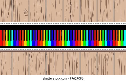 Wooden card with rainbow piano 2. Vector illustration EPS8.