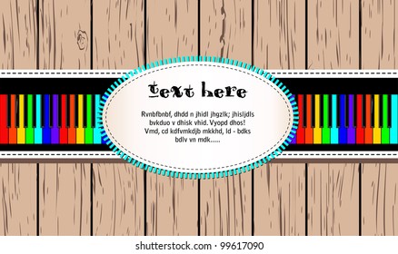 Wooden card with rainbow piano and frame 2. Vector illustration EPS8.