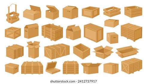 Holz- und Kartonboxen. Kartonpackungen, Warenversand Holzkästen flach Vektorgrafik Set. Cartoon-Lieferpaket-Sammlung