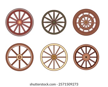 Wooden carriage wheels. Cartoon vintage transport round parts, historic vehicles elements, retro wild west wagons objects, cart tires, old transportation cartwheels, vector isolated set