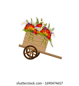 Wooden cart with flowers on an isolated background