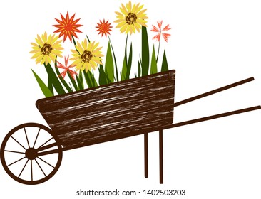 
wooden cart with flowers on a white background