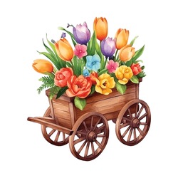 Wooden Cart With Flowers Watercolor Hand Painted