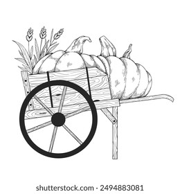 Wooden cart with harvested pumpkins and wheat - black and white graphic illustration