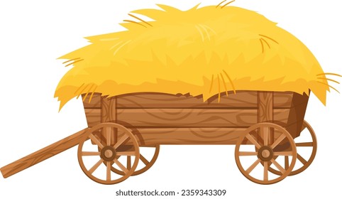 Wooden cart with hay. Cartoon golden straw in wagon isolated on white background