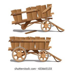 Wooden cart isolated on a white background. Cartoon vector close-up illustration.