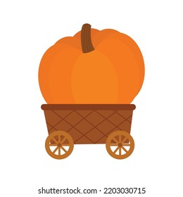 Wooden cart with pumpkin. Fall season, autumn farmers market. Harvest ripe gourd in wagon. Hand-drawn vector illustration.