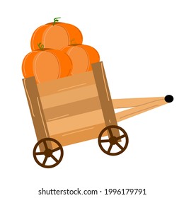A wooden cart with pumpkins in it. Autumn illustration on the theme of harvesting.