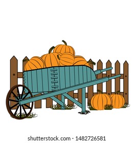 Wooden cart standing by a fence full of ripe pumpkins. Harvesting pumpkins. Vector illustration