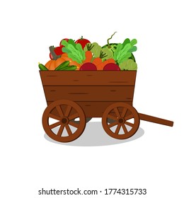 wooden cart with vegetables and fruits, fresh harvest, color vector illustration on a white background