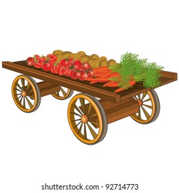 Wooden cart with vegetables, isolated on white background