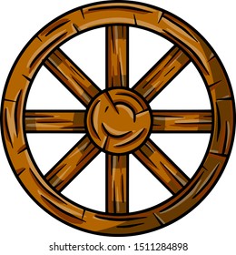 Wooden cart wheel. Old object with cracks. Detail of village and medieval. Cartoon illustration