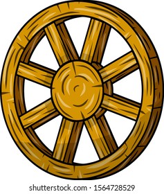 Wooden cart wheel. Old object with cracks. Element of the village and medieval. Detail of the mechanism for the ride. Cartoon hand drawn illustration
