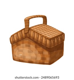 Wooden cartoon basket with closed lid of triangle shape. Funny retro decorative box with handle made of wood, bamboo or straw. Basketwork mascot, cartoon cute storage basket vector illustration