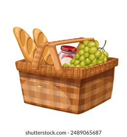 Wooden cartoon basket with food from shopping in grocery store. Funny retro open box with grapes and bread, jar with cover. Purchases in shop mascot, cartoon brown braided basket vector illustration