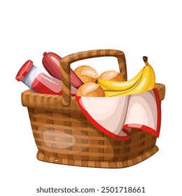 Wooden cartoon basket with food from store or supermarket. Funny retro rectangular wicker container with handle and grocery products, shopping mascot, cartoon brown storage basket vector illustration