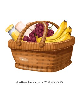 Wooden cartoon basket with picnic healthy food. Funny retro rectangular handicraft container with natural fruit and bottle of juice, basketwork mascot, cartoon braided basket vector illustration