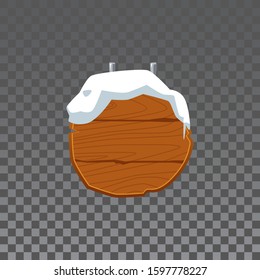 Wooden cartoon board sign with blank copy space hanging from above with snow cap piled on top - isolated vector illustration on transparent background