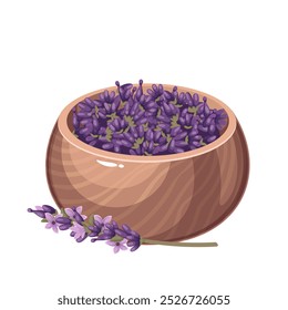 Wooden cartoon bowl with lavender flowers. Brown round cup of fresh natural herbal harvest from fields of Provence. Aromatherapy, food mascot, cartoon aromatic lavender plants vector illustration