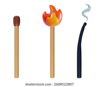 Wooden cartoon match in different stages. Design element in whole, burning and burnt form. Vector 3d illustration.