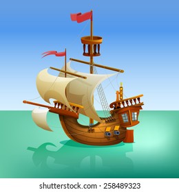 Wooden cartoon ship. Vector illustration.