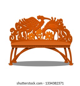 Wooden carved bench in the form of fantasy birds isolated on white background. Vector cartoon close-up illustration.