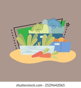 Estuches de madera con Ilustración vectorial plana de verduras. Repollos, zanahorias, lechuga, patatas. Agricultura, jardinería, cosecha, concepto de temporada de otoño para Anuncio o Diseño web