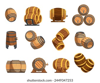 Wooden cask and barrels. Wine keg and beer barrel, wooden container for alcohol storage, timber vessel for wine brewing. Vector set