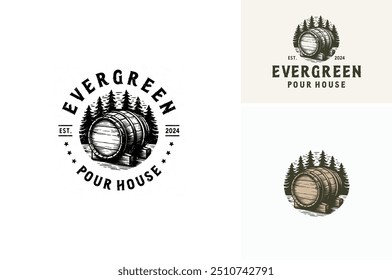 Barril de madeira na floresta de árvore de cedro do pinho Evergreen. Barris de cerveja rústica velha no Woods para bar Vintage Pub ou Brewing Brewery logotipo design