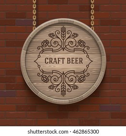 Wooden cask signboard with flourishes beer emblem - vector design illustration