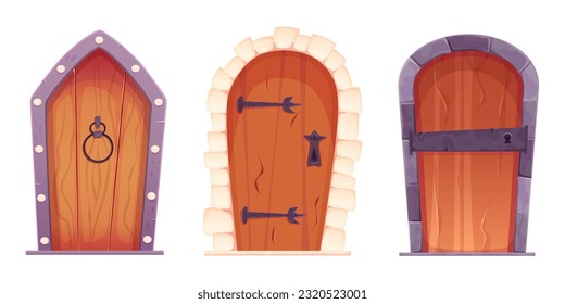 Wooden castle door cartoon vector. Old medieval entrance with stones and iron. The door of the castle in the dungeon or prison for games. Cartoon vector illustration