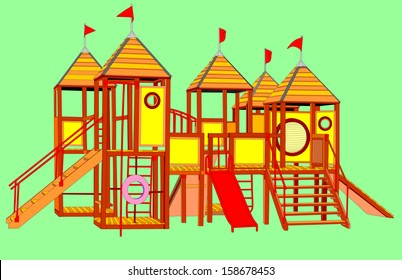 Wooden castle vector. Children playground illustration isolated on green background. 