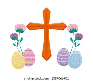 wooden catholic cross with eggs of easter and flowers