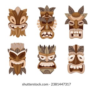 Wooden ceremonial tiki masks. Cartoon tribal ritual african and hawaiian masks. Aztec or african idols flat vector illustration set. Ethnic tiki totems