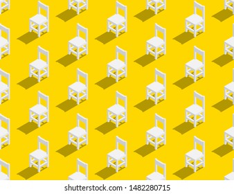 Wooden chair 3D isometric seamless pattern, Furniture lifestyle concept poster and banner square design illustration isolated on yellow background with copy space, vector eps 10